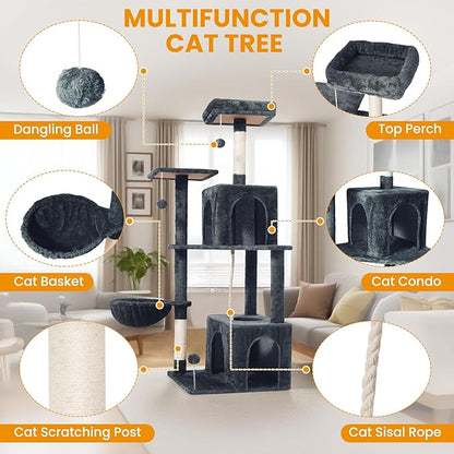 Cat Tree, 54-Inch Cat Tower for Indoor Cats, Soft Plush Multi-Level Climbing Cat Condo with Scratching Posts, Basket, Perches,2 Caves,2 Pompoms Play House for Cat(Dark Gray)