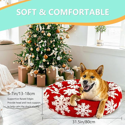 31 Inch Christmas Snowflakes Calming Dog Bed for Medium Dogs, Round Anti-Anxiety Warm Bed, Soft Cozy Anti-Slip Donut Washable Pet Bed, Fits up to 50 lbs Pets