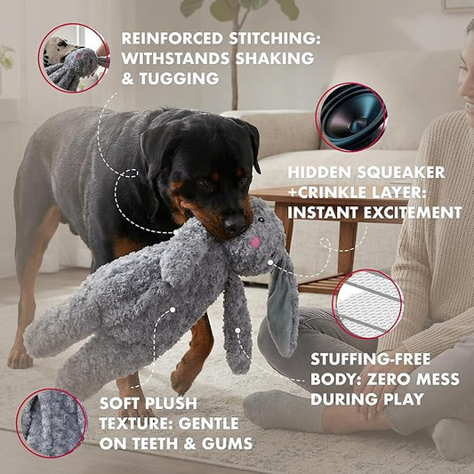 Pet Lou Floppy Rabbit Stuffingless Plush Dog Toy with Squeaker and Crinkle Paper, Dog Chew Toys, 19 Inch Durable Dog Toys for Medium and Large Dogs, Gray