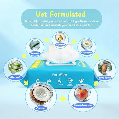 Pet Wipes for Dogs and Cats, Deodorizing Dog Cleaning Wipes with Coconut Extract, Extra Thick Hypoallergenic Dog Wipes for Paws and Butt Ears Eyes Coats, 100 Count