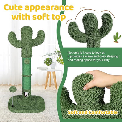 Tall Cat Scratching Post for Indoor Cats Adults, Cat Scratch Post with Sisal Rope Claw Scratcher, Solid Wood Cat Tower with Scratching Post and Cat Toys Mouse Hole,Cactus Small Cat Tree(Green Cactus)