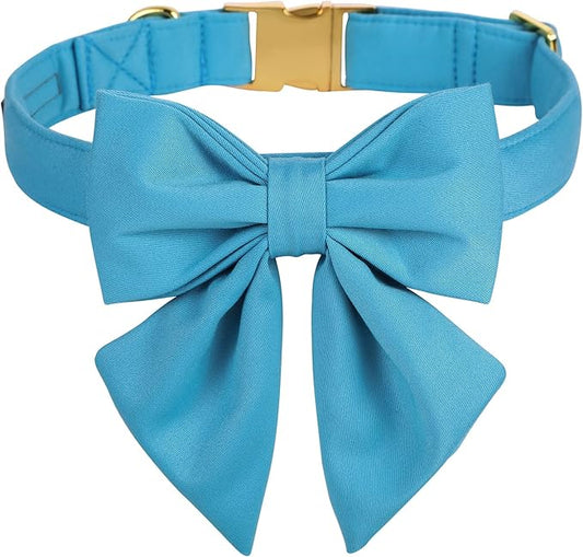 Maca Bates Sky Blue Dog Collar with Cute Solid Sailor Bow Tie for Extra Large Girl Boy Dogs,Adjustbale Durable Breakaway Soft Collars with Bowtie for Female Male Puppy,Pet with Metal Buckle