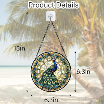 Stained Glass Window Hanging - Retro Peacock Decoration Suncatcher for Door Garden Home Bird Feather Sun Catchers Christmas Mother's Day Birthday Gifts for Women Men Mom Nana Friend 6.3 in
