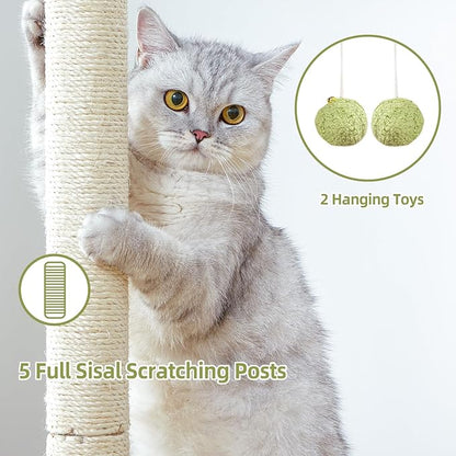 Cat Tree Tower Scratching Post for Indoor Large Cats, Small Cat Tree with Big Perch Bed, 28in Tall Trees House with Condo Cave, Toy Balls, Modern Climbing Furniture Platform for Kitten (Green)