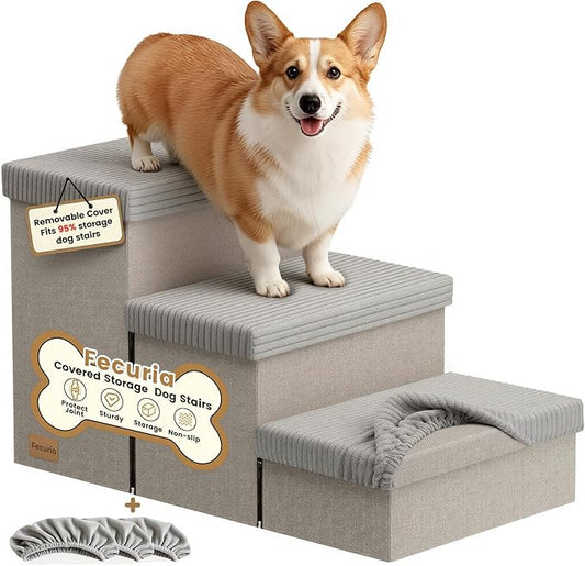 3-Step Wide Dog Stairs 18" H with Removable Cover, Non-Slip Storage Pet Steps for High Bed Couch, Pet Stairs for Small/Medium/Large Old Dogs Puppy Up to 200lbs, Cat Dog Steps for Car, Grey