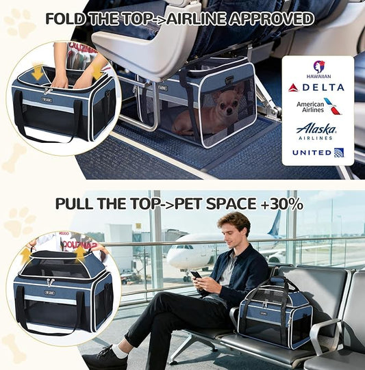 Lekereise Top-Expandable Pet Carrier 17x11x9.5 Inch Alaska Hawaiian Airline Approved Soft Sided Underseat to 12lbs Travel Carriers for Small Dogs and Cats with Locking Safety Zippers Anti-Scratch Mesh