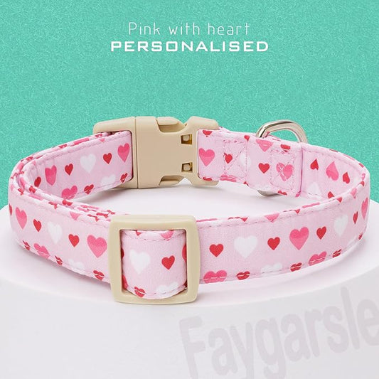Faygarsle Valentine's Day Dog Collar, Pink with Red and White Hearts Pattern, Adjustable with Quick-Release Buckle and Heart Charm XS