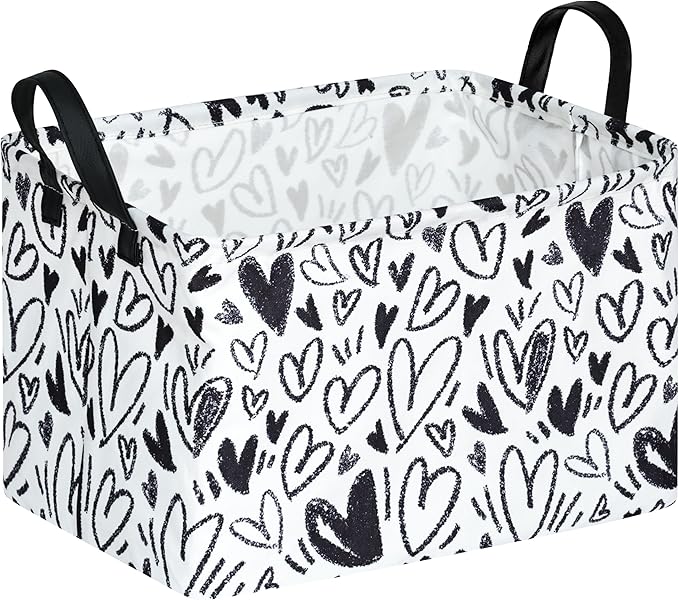 Valentine's Day Gift Basket Rec Black Heart Print Box Hamper Storage Basket Collapsible Organizer Bin Gift Shelf Baskets for Home and Kitchen