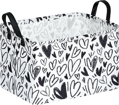Valentine's Day Gift Basket Rec Black Heart Print Box Hamper Storage Basket Collapsible Organizer Bin Gift Shelf Baskets for Home and Kitchen