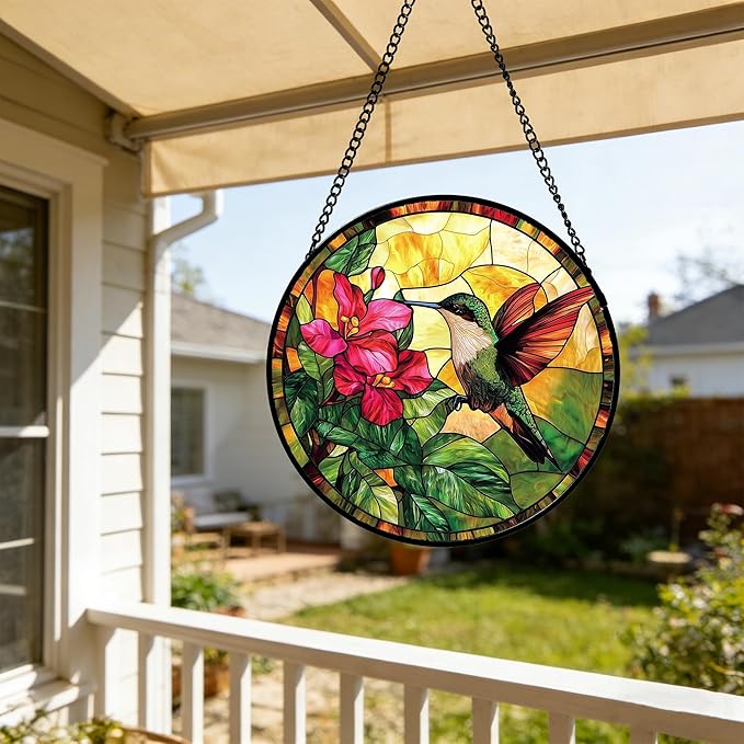 Stained Glass Suncatcher, Hummingbird Red Flowers Green Leaves Sun Catcher Stain Glass Window Hanging Decoration Mother's Day Birthday Gifts for Bird Lover Women Men Mom Nana 9.8 in