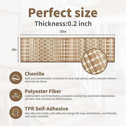 Non-Slip Carpet Stair Treads 4PCS, 8"x30" Peel and Stick Stair Runner for Wooden Steps Indoor, Washable Reusable Adhesive Backing, Pet-Friendly Safety Mats for Kids, Elders, Dogs