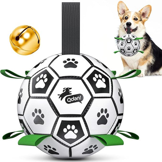 QDAN Dog Soccer Balls Toy with Bell Inside, Outdoor Interactive Toys for Tug of War, Puppy Birthday Gifts, Water Toy, Durable Ropes Squeaky Ball for Small Medium Dogs （6 INCH）