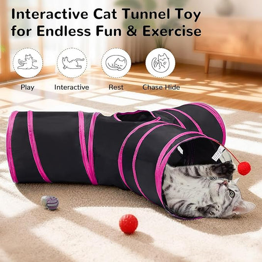 Tempcore Pet Tube Toys 3 Way Collapsible, Cat Tunnels for Indoor Cats，Kitty Bored Pet Toys with Peek Hole & Ball Cat, Puppy, Kitty, Kitten, Rabbit, Rose Red
