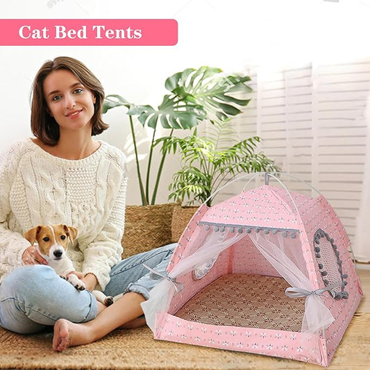 Gigreinc Cat Princess Indoor Tent House Pet Dog Cute Floral Cave Nest Bed Portable Dog Tents (L:48x48x46cm/18.8x18.8x18inch, Floral Pink)