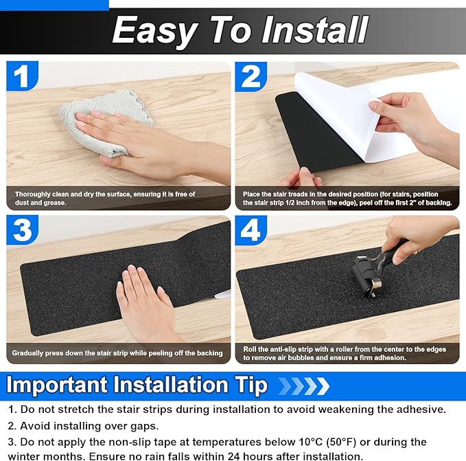 Outdoor Stair Treads Non-Slip Step Strips for Wooden Steps 10 Pack 6” x 24” Anti Slip Grip Tape Precut for Outside Stairs, Non Skid Stair Tread Mats Weather Resistant for Outdoors, Black