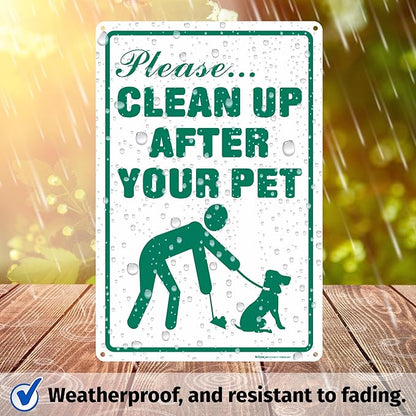 Brimar - 12" x 18" - Clean Up After Your Pet Sign - .063″ White Rust-Free Aluminum - Clear Message - Easy Installation