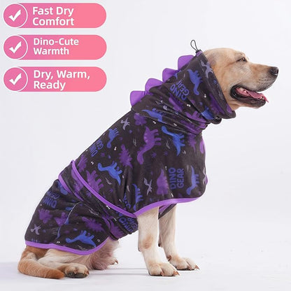 LovinPet 3‑in‑1 Dog Warm Winter Coat & Bathrobe, Hooded Dinosaur Fleece, Lightweight High‑Loft, Absorbent Knit, Quiet Hook‑and‑Loop, Wind‑Blocking Edges, Dog Robes for Medium & Large Dogs, Black,M