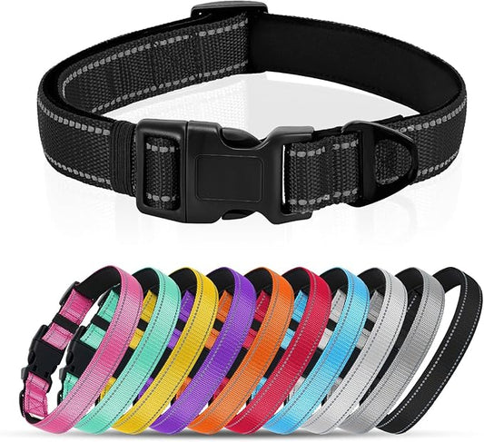 Reflective Dog Collar with Quick Release Buckle - Metal Ring - Adjustable Soft Neoprene Padded Basic Dog Collar for Small Medium Large Dogs (Black, Medium :Width 1",Neck 13.8-19.6")