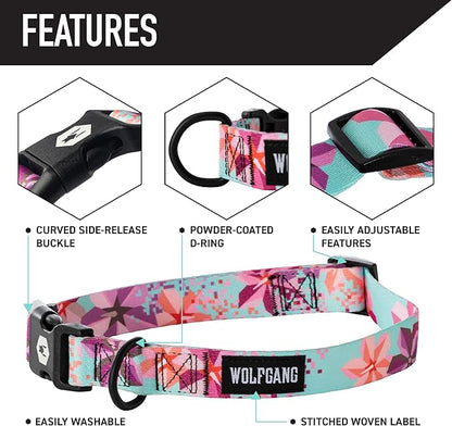 Wolfgang Heavy Duty, Adjustable Dog Collar with Quick Release Nylon Buckle for Walking & Training, DigiFloral Print, Medium