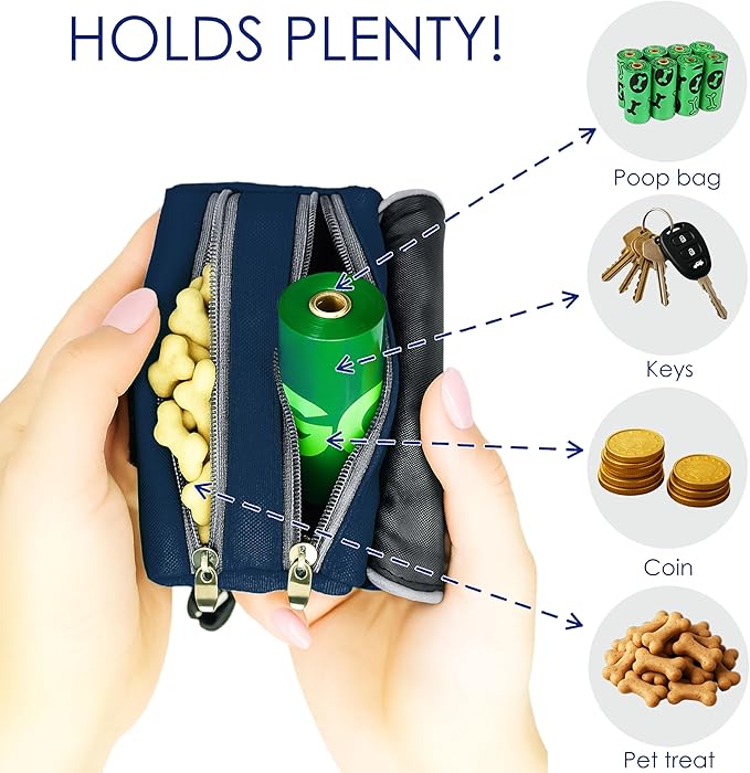 Dog Poop Bag Holder for Leash, 2 Waterproof Zipper Pouches, Dog Treat Pouch for Pet Walking Accessories, with Dispenser, Training Clicker and 1 Free Roll (Blue)