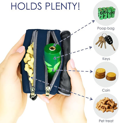 Dog Poop Bag Holder for Leash, 2 Waterproof Zipper Pouches, Dog Treat Pouch for Pet Walking Accessories, with Dispenser, Training Clicker and 1 Free Roll (Blue)