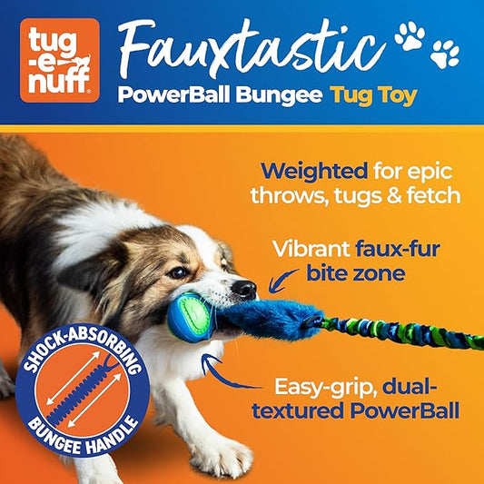 Tug-E-Nuff Fauxtastic PowerBall Bungee, Durable, Faux-Fur Fetch & Tug of War Dog Toy with Rubber Ball, Interactive Dog Tug Toys for Training Small, Medium, Large Dogs, 25 in, Purple Pattern