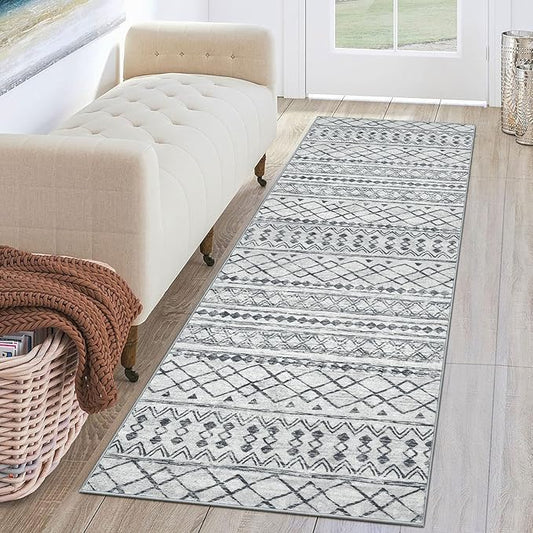 KUTA 2x6 Washable Runner Rug Non-Slip, Grey Moroccan Boho Rug Runner for Hallways Distressed Geometric Vintage Kitchen Rugs, Ultra Soft Floor Mat for Entryway, Bathroom, Laundry, Living Room, Bedroom