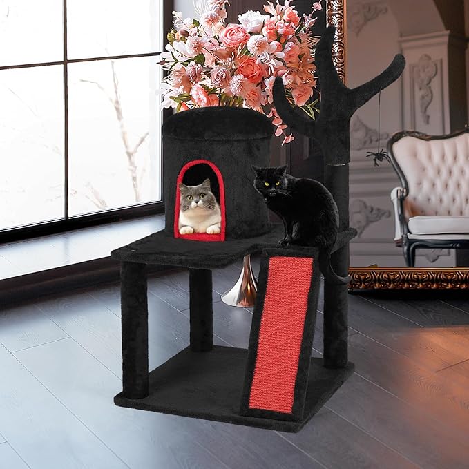 VINGLI 41.8in Gothic Cat Tree, Halloween Cat Tower for Indoor Cats with Dome Cat Condo, Branch Shaped Sisal Scratching Post, Ladder Scratcher & Hanging Spider Toy, Red & Black Cat Furniture
