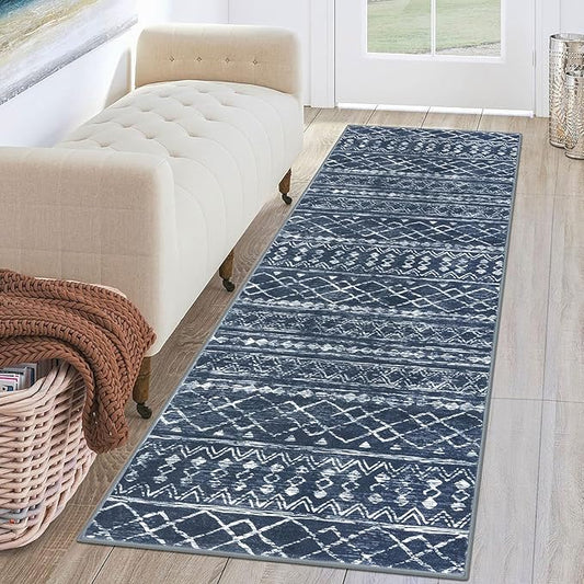 KUTA Moroccan Washable Hallway Runner Rug, 2x6 Non-Slip Vintage Navy Blue Boho Rugs Kitchen Runners Ultra Soft Distressed Geometric Floor Carpet for Bedroom Laundry Living Room