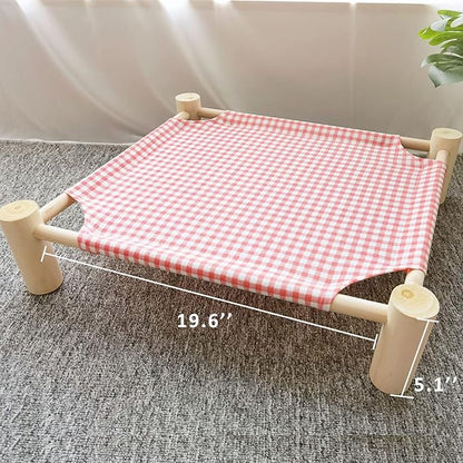 Pozico Elevated Cat & Dog Bed – Wooden Frame Pet Hammock for Small Dogs & Cats, Indoor/Outdoor Raised Bed with Breathable Mesh, Portable Pet Cot Furniture – Pink Grid