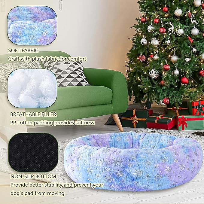 31 Inch Christmas Snowflakes Calming Dog Bed for Medium Dogs, Round Anti-Anxiety Warm Bed, Soft Cozy Anti-Slip Donut Washable Pet Bed, Fits up to 50 lbs Pets