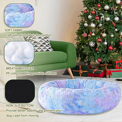 31 Inch Christmas Snowflakes Calming Dog Bed for Medium Dogs, Round Anti-Anxiety Warm Bed, Soft Cozy Anti-Slip Donut Washable Pet Bed, Fits up to 50 lbs Pets