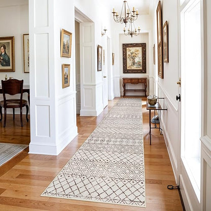 Washable Runner Rugs 3x16 - Long Hallway Runner Rug Low Pile Rug with Rubber Backing Floor Mat Non Slip Moroccan Indoor Carpet for Kitchen Bedroom Entryway 3x16 Geo Beige