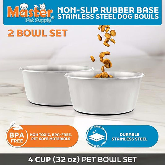 Master Pet Supply Stainless Steel Dog Bowls Set of 2 (32 Oz Each) with Non-Slip Rubber Base - Bone White - Basic Dog Food Bowl Water & Food Bowls for Small Medium Large Dogs & Cats, Metal Dish