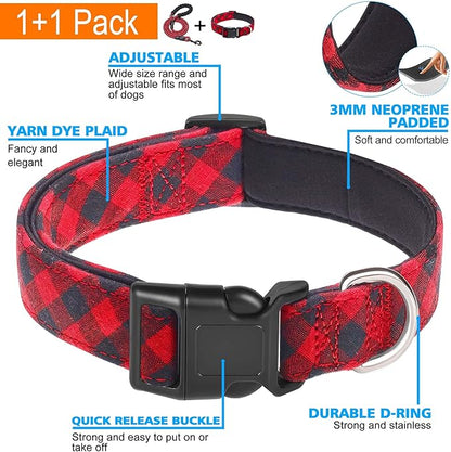 Reflective Dog Collar Padded with Soft Neoprene Breathable Adjustable Nylon Dog Collars for Small Medium Large Dogs (Large (Pack of 1), Red Plaid Collar+Leash)