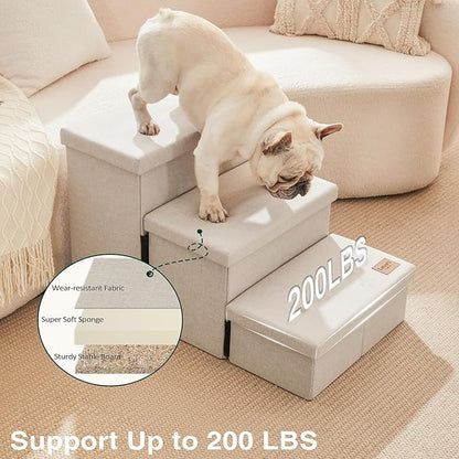 Love's cabin Dog Stairs for High Bed 18" H, Foldable Pet Stairs for Small Medium or Large Dogs Puppy with Storage for Bed or Couch, Cat Dog Steps Ramp with Zip up to 200 lbs, Beige, 3 Steps