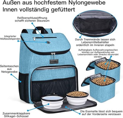 BAGLHER丨Dog Travel Bag, Airline Approved Pet Supplies Backpack, Dog Travel Backpack with 2 Silicone Collapsible Bowls and 2 Food Baskets