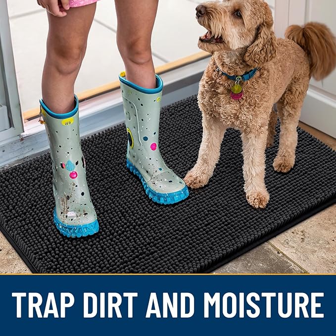 Smiry Dog Door Mat for Muddy Paws 44x24, Absorbs Moisture and Dirt Doormat, Non-Slip Washable Quick Dry Chenille Front Door Mat Indoor Entrance, Entryway Carpet for Inside Floor, Black