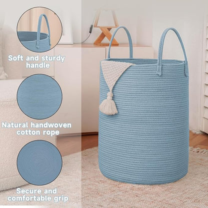 Large Woven Laundry Basket Hamper,100L Cotton Rope Storage Bin for Blankets,Toys and Clothes,Decorative Tall Nursery Hamper for Living Room,Baby Nursery,Bathroom and Bedroom,Blue