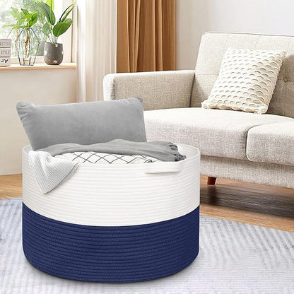 115L Super Large Blanket Basket, Cotton Rope Woven Bin for Toy, Clothes, Laundry, Shoes, Toy Box for Living Room, Oversized Organizer, XXXL Jumbo Basket for Blankets, 23.6"x15.7", Navy Blue