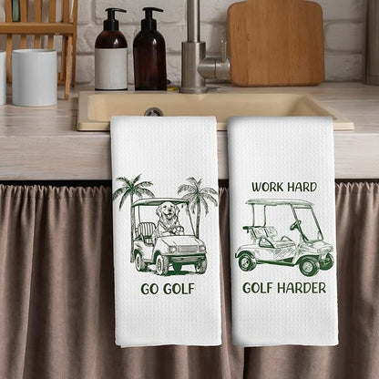 Golf Dog Kitchen Towels - Golden Retriever Dish Towels, Sports Gifts, Pet Golf Club Decorative Absorbent Dishcloths Hand Towels Set of 2 for Gym Spa Kitchen Decor 16x24 Inches