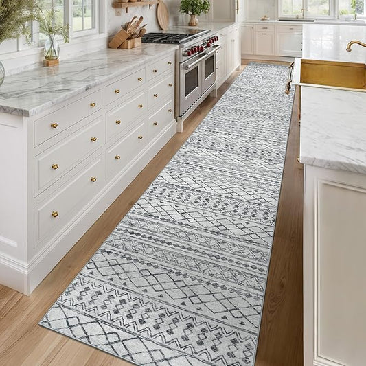 KUTA Long Hallway Runner Rug 2.6x16 Non-Slip Washable, Moroccan Vintage Beige Boho Kitchen Rugs Ultra Soft Distressed Geometric Floor Carpet Runners for Bedroom Laundry Stairway Entryway