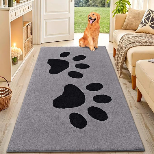 Smiry Dog Door Mat for Muddy Paws, Absorbs Moisture and Dirt, Low-Profile Entryway Mat with Non-Slip Backing, Entry Indoor Outdoor Doormat for Inside Floor (59x35 Inches, Grey, Paw)