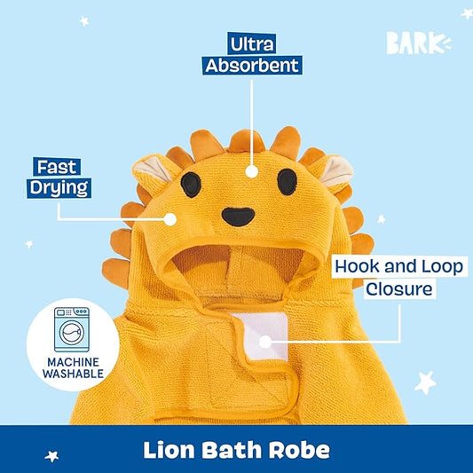 Barkbox Dog Bathrobe Fast Drying with Hook and Loop Closure & Wrap Tie Snuggle, Cute Dogs Clothes, Easy to Clean, Machine Washable, Dog Coats and Tumble Dry Low - Lion, Large