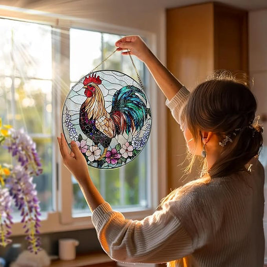 8″ Colorful Rooster Suncatcher, Stained Glass Window Hanging Ornament, Farmhouse Style Window Decor — Christmas Ornaments | Gifts for Christmas, Holiday Present, Gift Exchange, Gift Ideas