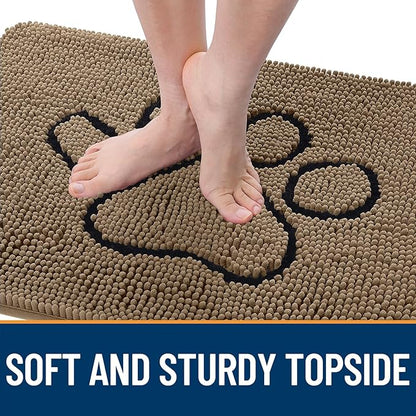 OLANLY Dog Door Mat for Muddy Paws 59x35, Paw Print Design, Absorbs Moisture and Dirt, Absorbent Non-Slip Washable Doormat, Quick Dry Chenille Mud Mat for Dogs, Entry Indoor Entryway Carpet, Tan