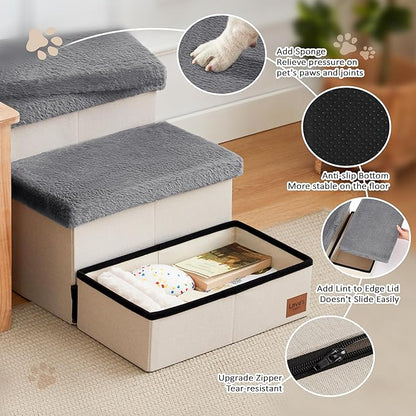 Love's cabin Dog Stairs for High Bed 18" H, 3 Steps with Furry Lids Pet Stairs for Small Medium Large Dogs, Foldable Cat Ramp with Zip up to 200 lbs, Grey