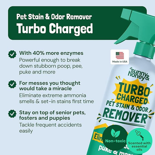 Sunny & Honey Turbo Pet Stain and Odor Remover - 40% More Enzymes - Enzyme Cleaner for Dog Urine and Poop on Carpets and Furniture - Pet Carpet Cleaner Spray (32fl oz Mint)