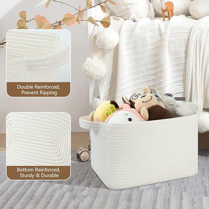Storage Basket for Organizing, Woven Baskets for Storage, Rectangle Decorative Baskets for Shleves, Closet, Toys, Books, Nursery Organizer Bins - Pack of 3 (White, 13"x9.85"x8.7")