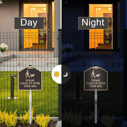 Large (2 Pack) 12x12 Inch Please Clean Up After Your Dog Sign, Metal, Reflective, Aluminum, Weatherproof Up to 7 Years Outdoor, Includes Stakes for Easy Mounting